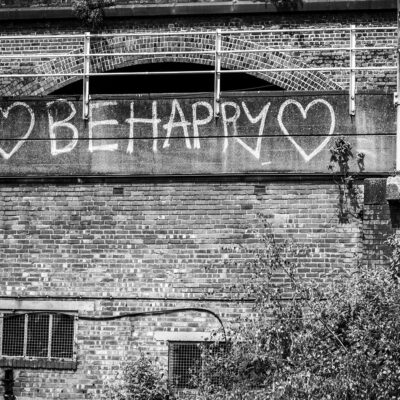 ‘Be Happy’ a Black & White Print Manchester Landscapes Architecture
