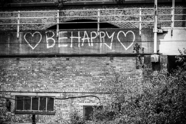 ‘Be Happy’ a Black & White Print Manchester Landscapes Architecture 2