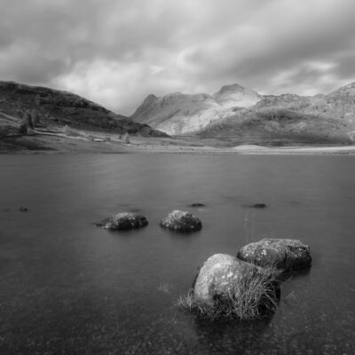 Blea Tarn Langdale Pikes, Portrait Black and white Lake District Landscapes Black and white prints