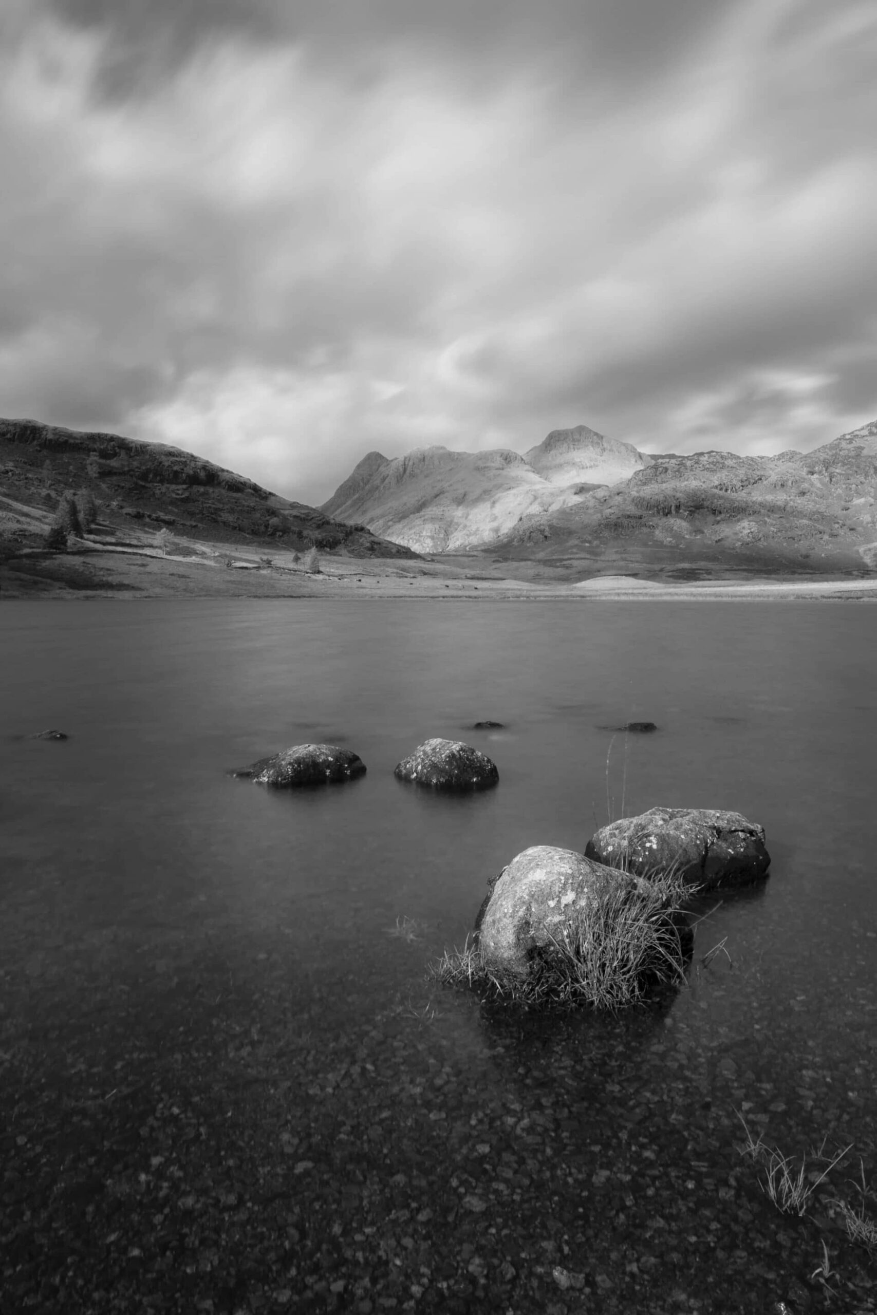 Blea Tarn Langdale Pikes, Portrait Black and white Lake District Landscapes Black and white prints