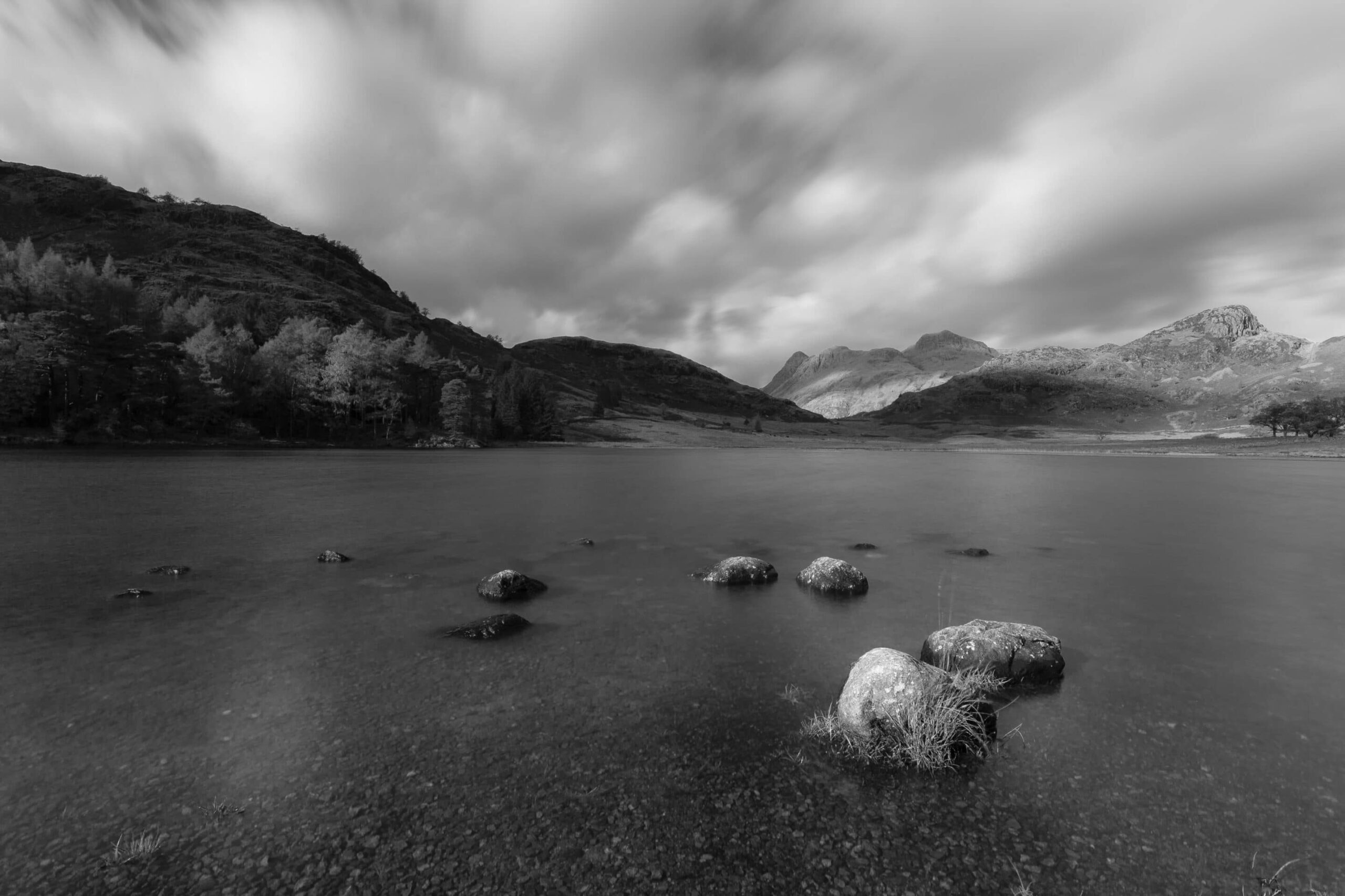 ‘Lightspots’ Blea Tarn Langdale Pikes, Black and white Landscape Lake District Landscapes Black and white prints