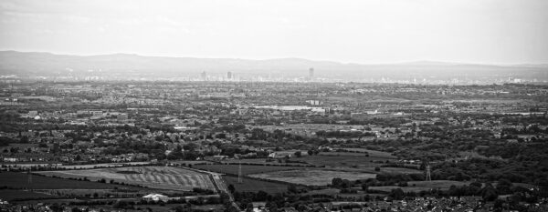 View from Holcombe Hill, Panoramic Skyline Manchester Landscapes Black and White 2