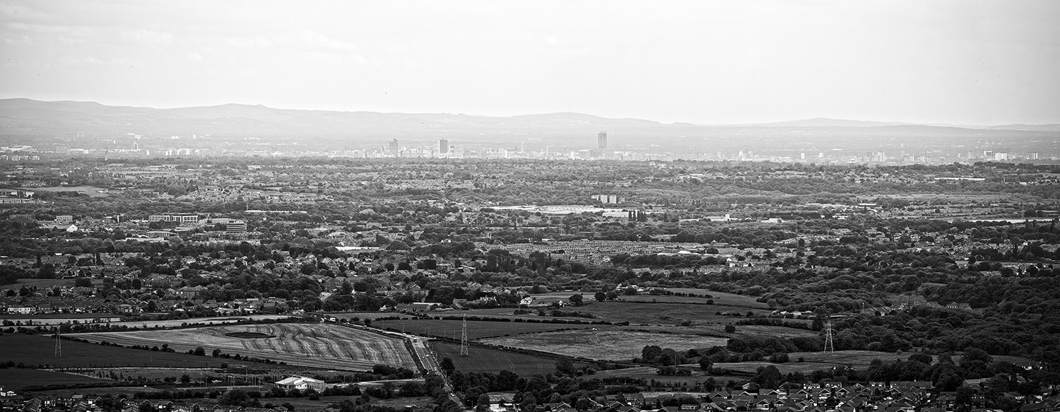 View from Holcombe Hill, Panoramic Skyline Manchester Landscapes Black and White