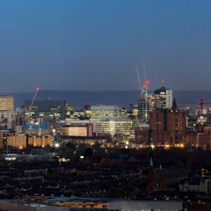 Manchester Skyline Panorama At Dusk, Canvas Manchester Landscapes Canvas