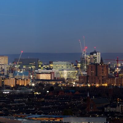 Manchester Skyline Panorama At Dusk, Canvas Manchester Landscapes Canvas
