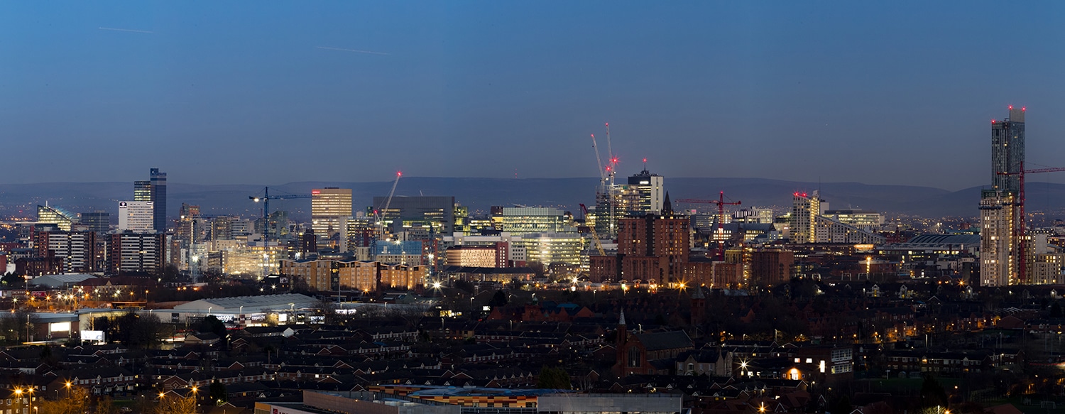 Manchester Skyline Panorama At Dusk, Canvas Manchester Landscapes Canvas