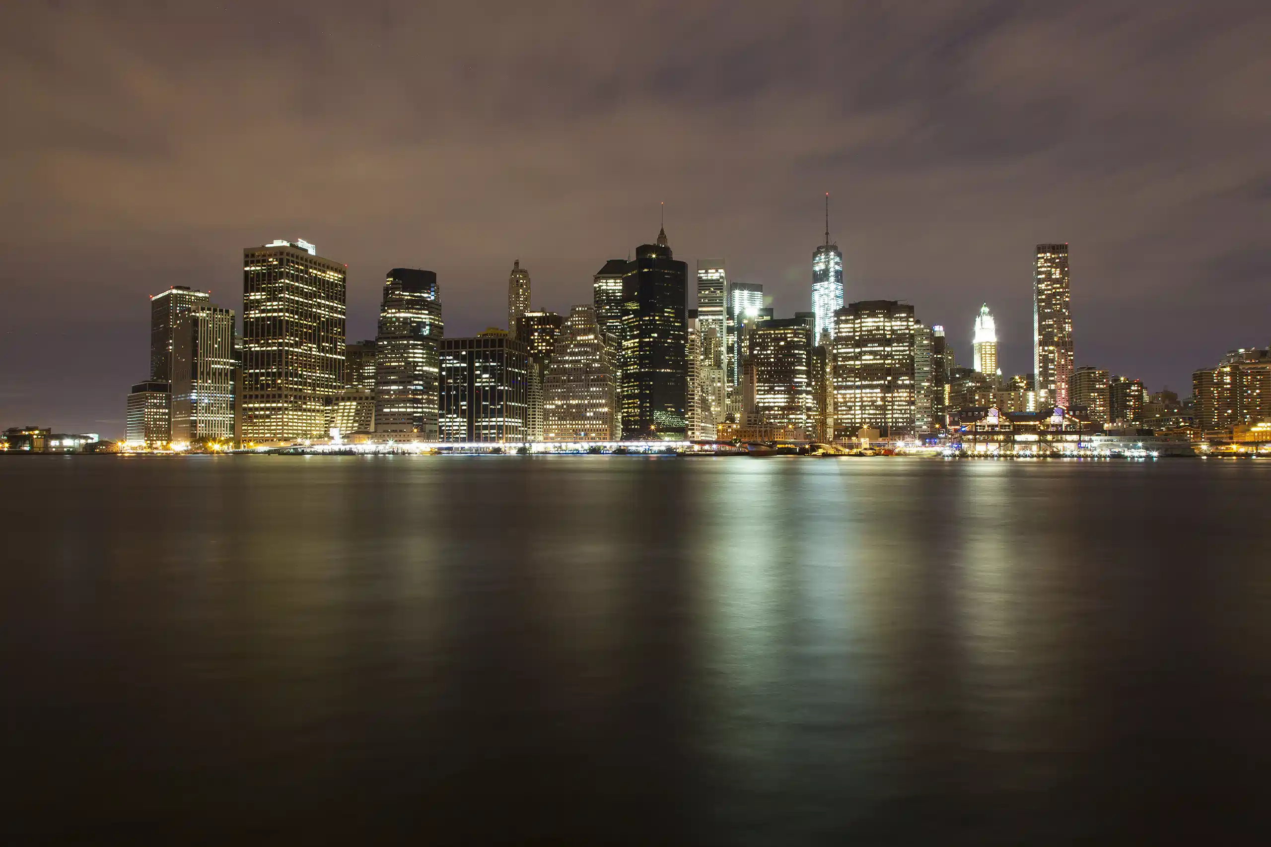 Manhattan Skyline at Night From Brooklyn Bridge New York Landscapes Architecture