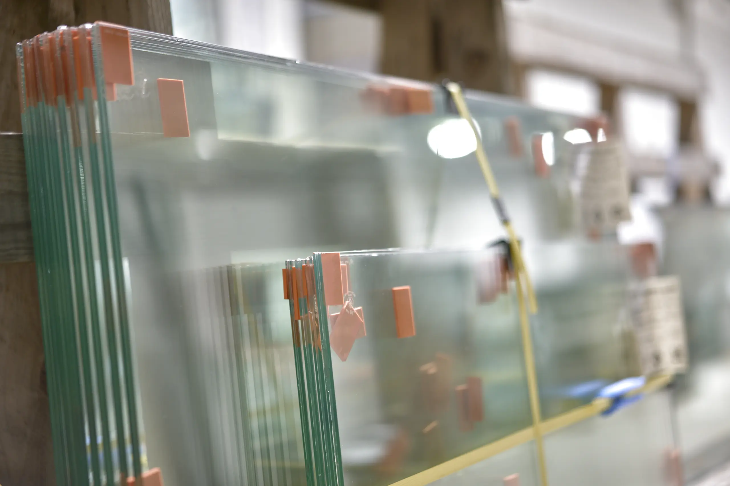 Glass panels prepared - Toughened glass panels stacked and protected prior to installation.